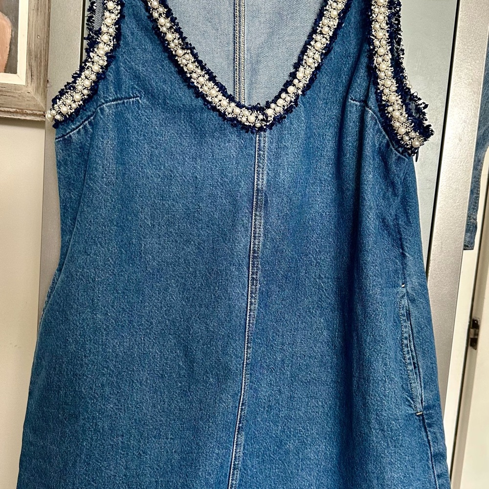 Blue Denim Dress with Beaded Trim.